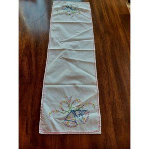 Vintage Hand Embroidered Table Runner Wedding Bells Mr Mrs Floral Bride Groom
